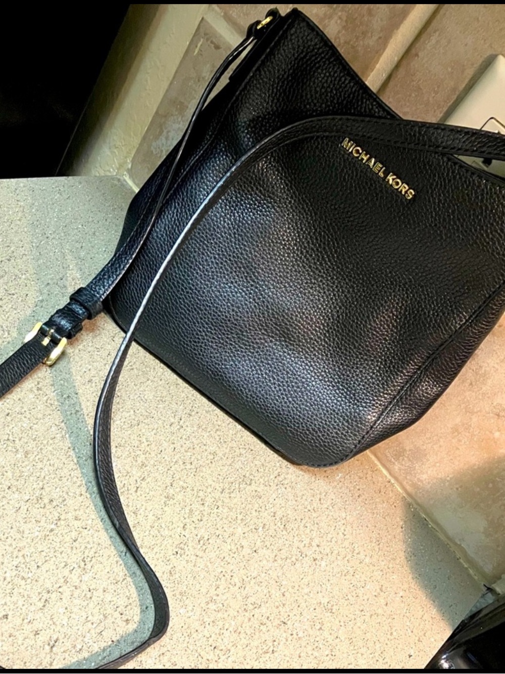 Michael Kors Black Pebbled Leather Messenger Crossbody with Gold Hardware